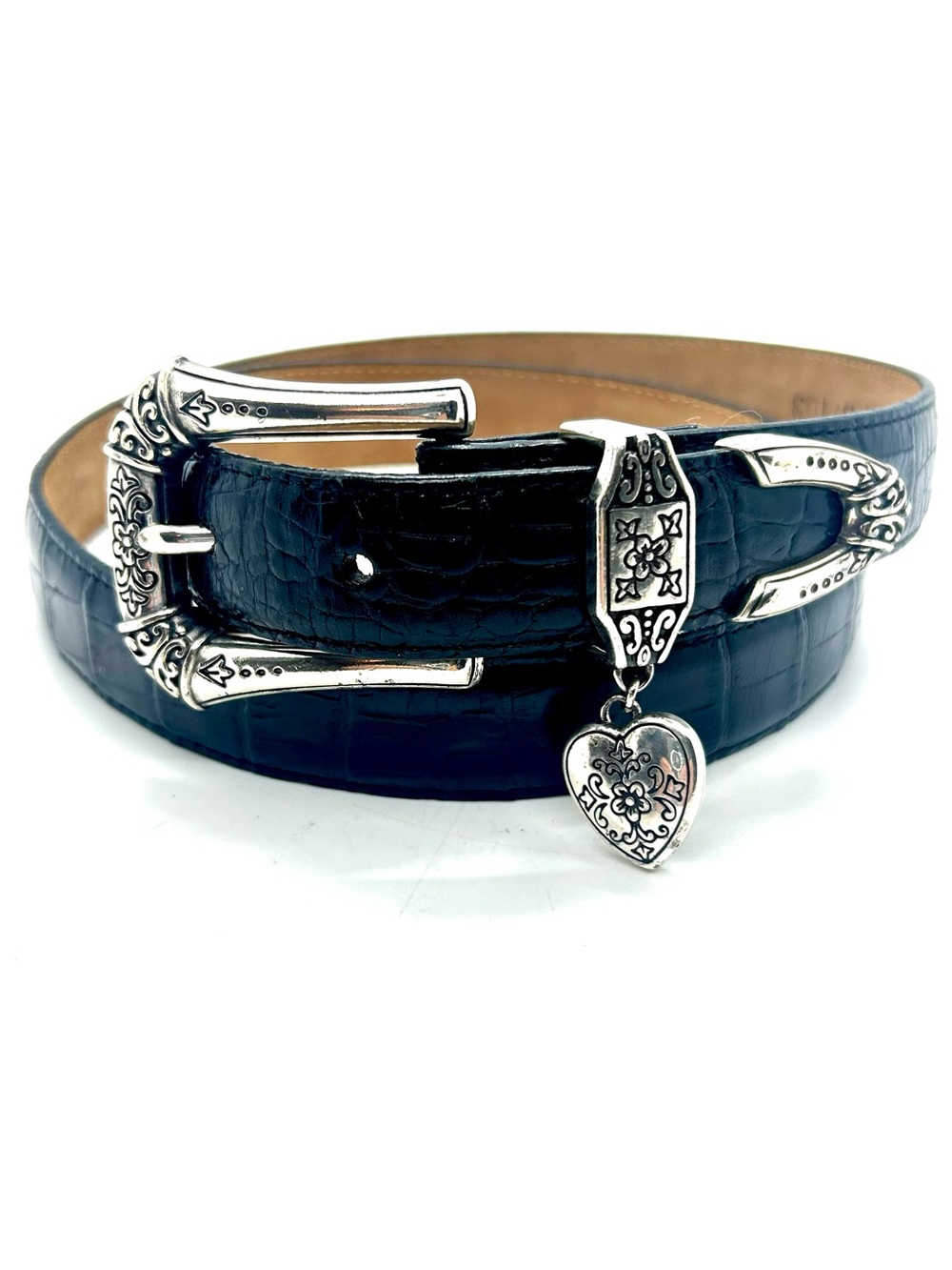 Brighton Black Leather Belt Silver Heart Charm Women Sz L/34 B7103